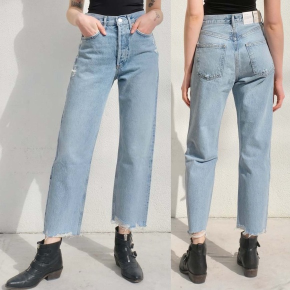 Agolde 90s Crop Jeans Nerve Wash Distressed Cotton Raw Frayed Hem Light Blue 26 - Picture 1 of 10